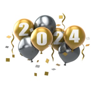 2024 Year Balloons and Confetti Illustration - Customizable PowerPoint clipart graphic preview.