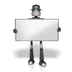 Retro Robot Holding Sign PowerPoint clipart graphic preview.
