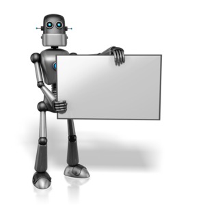 Retro Robot Holding Sign Right PowerPoint clipart graphic preview.