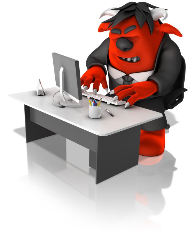High-resolution clipart illustration of Monster Employee Working On Computer, designed for digital transformation strategies, enterprise software training, and advanced information technology frameworks.