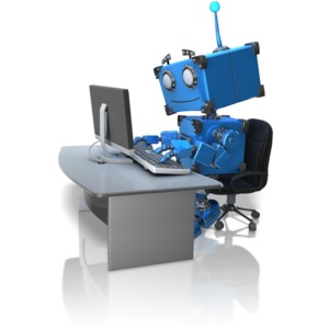 Robot Working At Desk PowerPoint clipart graphic preview.