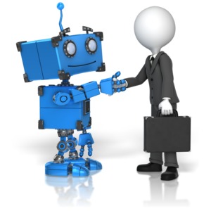 Robot Business Handshake PowerPoint clipart graphic preview.