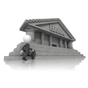 Business Figure Walking Toward Bank PowerPoint clipart graphic preview.