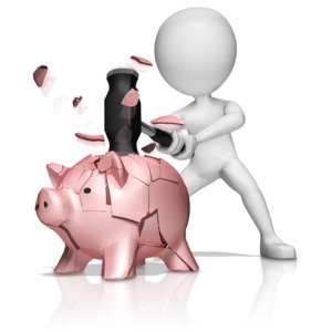 Stick Figure Smashing Piggy Bank PowerPoint clipart graphic preview.