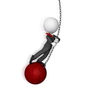 Business Figure Swings on Wrecking Ball PowerPoint clipart graphic preview.