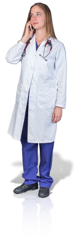 High-resolution clipart illustration of Female Doctor or Nurse Talking Phone, designed for clinical healthcare administration, medical training, and patient data visualization.