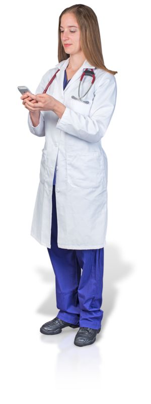 High-resolution clipart illustration of Female Doctor or Nurse Texting Phone, designed for clinical healthcare administration, medical training, and patient data visualization.