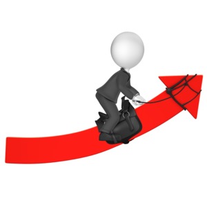 Businessman Figure Riding An Upward Arro PowerPoint clipart graphic preview.