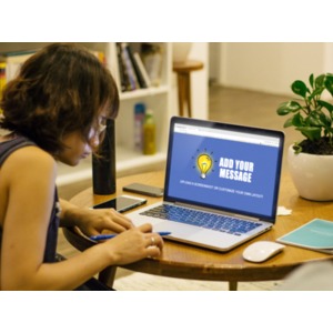 Laptop Woman Desk Customizable PowerPoint clipart graphic preview.