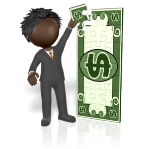 Businessman Money Puzzle PowerPoint clipart graphic preview.