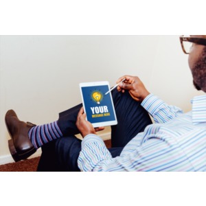 Man Working On Tablet Customizable PowerPoint clipart graphic preview.