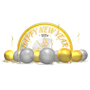 2024 New Years Clock and Balloons -  Design Customizable PowerPoint clipart graphic preview.