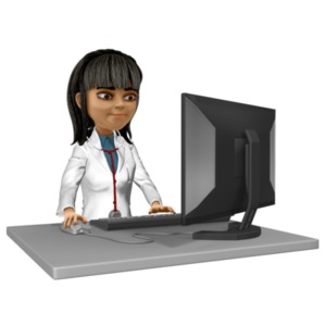 Doctor Kim At Desk Working PowerPoint clipart graphic preview.