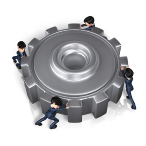 Businessmen Push Gear PowerPoint clipart graphic preview.