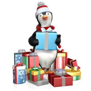 Penguin In A Pile Of Gifts PowerPoint clipart graphic preview.