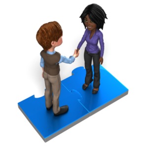 Business Man Woman On Puzzle PowerPoint clipart graphic preview.