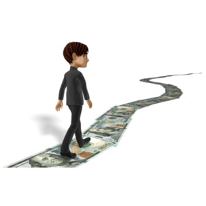 Businessman Walking Money Trail PowerPoint clipart graphic preview.