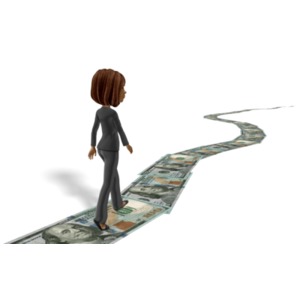 Business Woman Walking Money Trail PowerPoint clipart graphic preview.