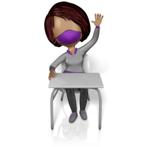 Sitting At Desk Raising Hand Mask Female PowerPoint clipart graphic preview.
