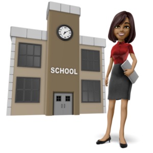Teacher School Building PowerPoint clipart graphic preview.