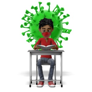 Masked Student With Coronavirus Behind PowerPoint clipart graphic preview.