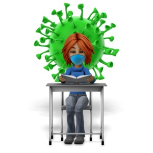 Masked Girl Student At Desk Reading With Coronavirus PowerPoint clipart graphic preview.