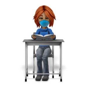 Girl Student At Desk Reading With Mask PowerPoint clipart graphic preview.