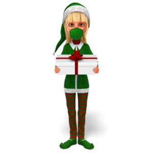Santas Helper Wearing a Mask Presenting a Gift PowerPoint clipart graphic preview.