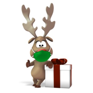 Reindeer Wearing A Mask Next To Gift PowerPoint clipart graphic preview.