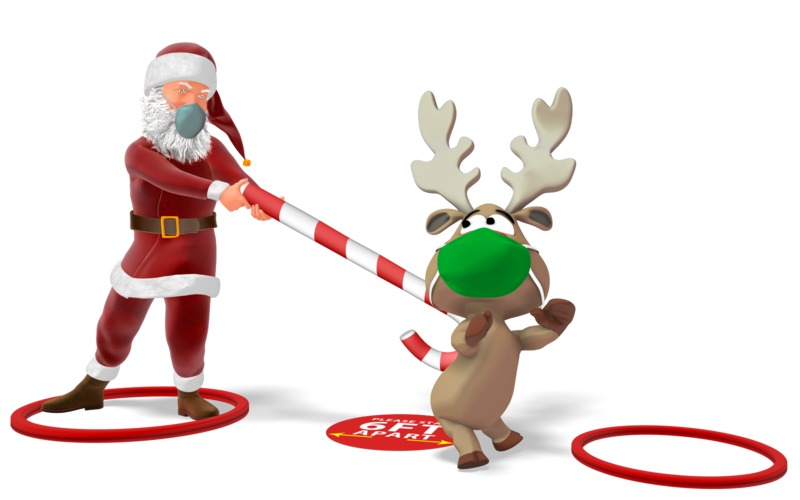 High-resolution clipart illustration of Santa Pushing a Reindeer to Social Distance, designed for seasonal marketing campaigns, corporate event presentations, and holiday promotions.