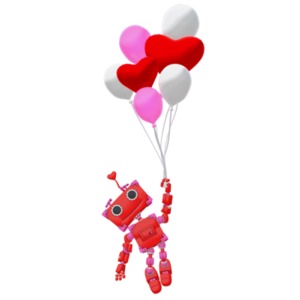 Valentine Robot With Balloons PowerPoint clipart graphic preview.