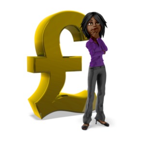 Businesswoman Thinking Pound Symbol PowerPoint clipart graphic preview.
