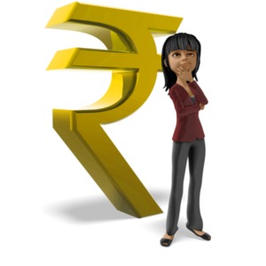 Businesswoman Thinking Rupee Symbol PowerPoint clipart graphic preview.