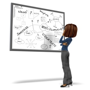 Businesswoman Pondering White Board PowerPoint clipart graphic preview.
