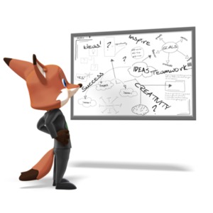 Male Business Fox Pondering White Board PowerPoint clipart graphic preview.