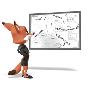 Female Business Fox Pondering White Board PowerPoint clipart graphic preview.