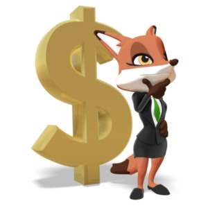 Female Business Fox Thinking Dollar Sign PowerPoint clipart graphic preview.