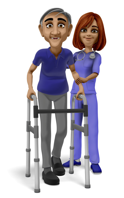 High-resolution clipart illustration of Nurse Assisting Elderly Man With Walker, designed for clinical healthcare administration, medical training, and patient data visualization.