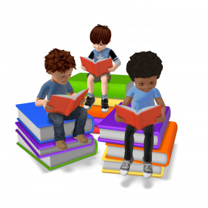 Group of Students Reading On Stack of Books PowerPoint clipart graphic preview.