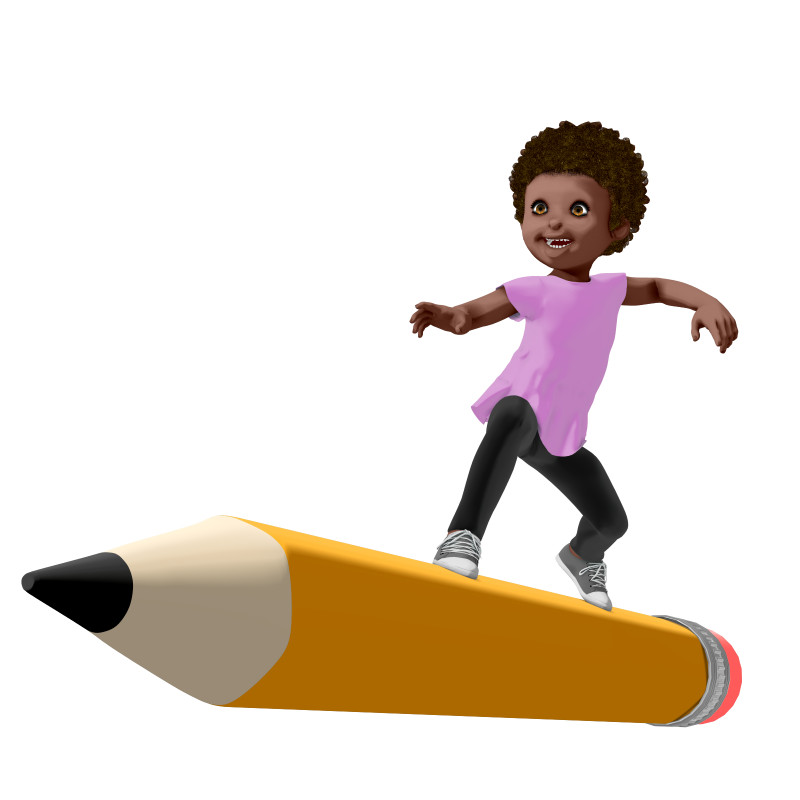 High-resolution clipart illustration of Chloe Surfing On Large Pencil, designed for high-energy corporate team building, health and fitness promotions, and motivational athletic slide layouts.