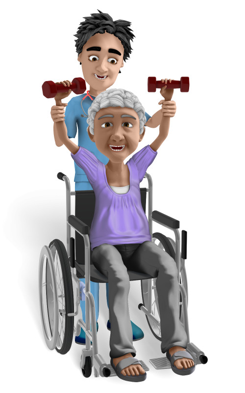 High-resolution clipart illustration of Nurse Brad Elderly Woman Wheelchair Exercise, designed for clinical healthcare administration, medical training, and patient data visualization.