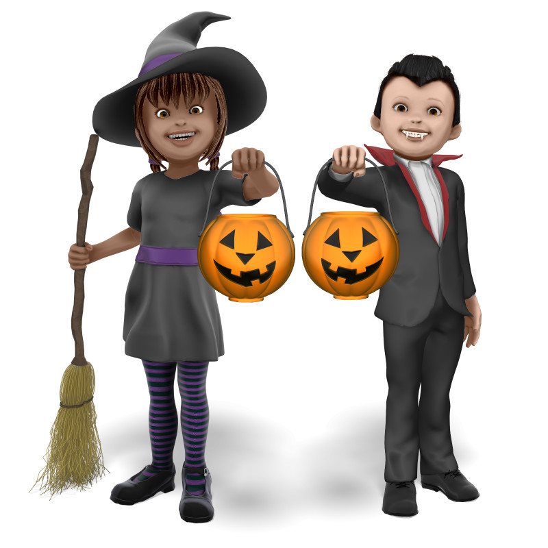 High-resolution clipart illustration of Young Witch and Vampire Candy Bucket, designed for seasonal marketing campaigns, corporate event presentations, and holiday promotions.