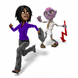 Zombie Chasing Businesswoman Decline Arrow PowerPoint clipart graphic preview.