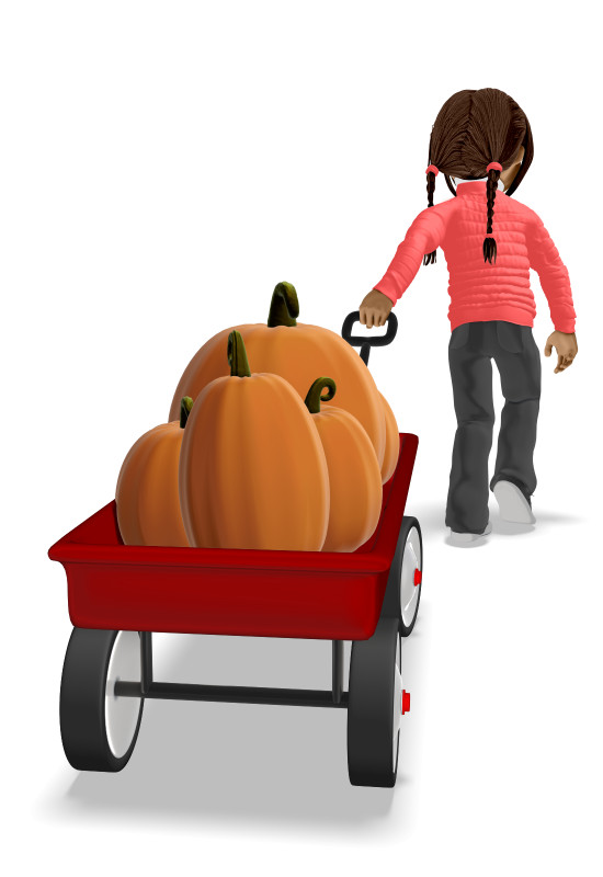 High-resolution clipart illustration of Young Girl Pulling Wagon With Pumpkins, designed for seasonal marketing campaigns, corporate event presentations, and holiday promotions.