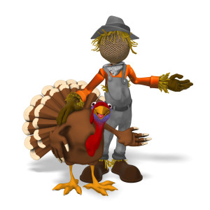 Scarecrow and Turkey Presenting to Side PowerPoint clipart graphic preview.