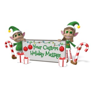 Christmas Elves Holding Sign Customizable PowerPoint clipart graphic preview.