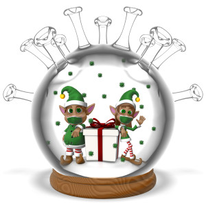Covid Snow Globe Elves PowerPoint clipart graphic preview.