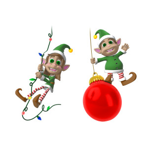 Elves Swinging From Decorations PowerPoint clipart graphic preview.