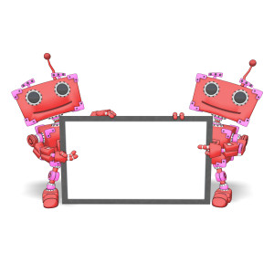 Robots Holding Blank Sign PowerPoint clipart graphic preview.