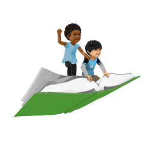 Chloe and James Flying On Large Book PowerPoint clipart graphic preview.